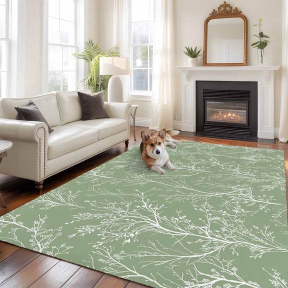 Light Green Washable Area Rug 5x8 White Tree Branch Botanical Abstract Plant Leaves Low-Profile Large Area Rugs with Non Slip Backing Indoor Floor Carpet for Entrance Living Room Bedroom Home Office