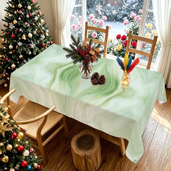Light Green Wavy Marble 2D Print Rectangular Tablecloth, Decorative Cover for Kitchen Dining, Patio Garden Winter Christmas Party Holiday Gatherings, Multi-Size, Festival Decor & Holiday Gift