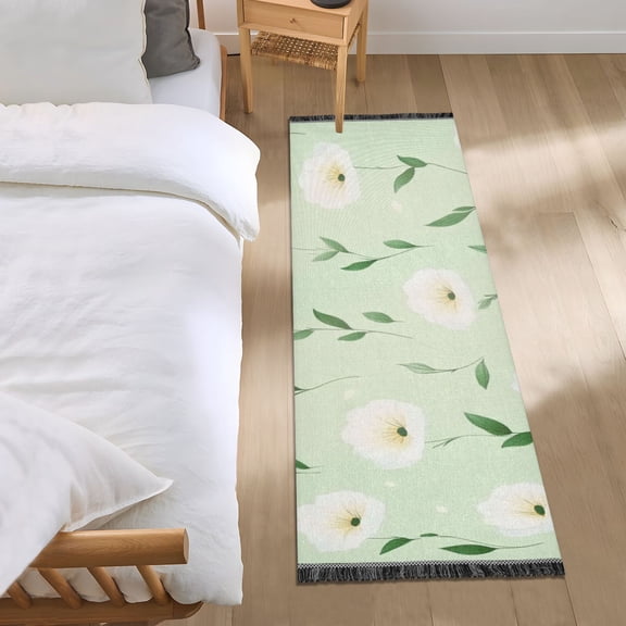 Light Green White Florals Bedroom Runner Rug 2'x 6' Non Slip Carpet Indoor Home Area Rug Living Room