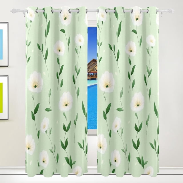 Light Green White Florals Blackout Curtains for Living Room Bedroom 55W