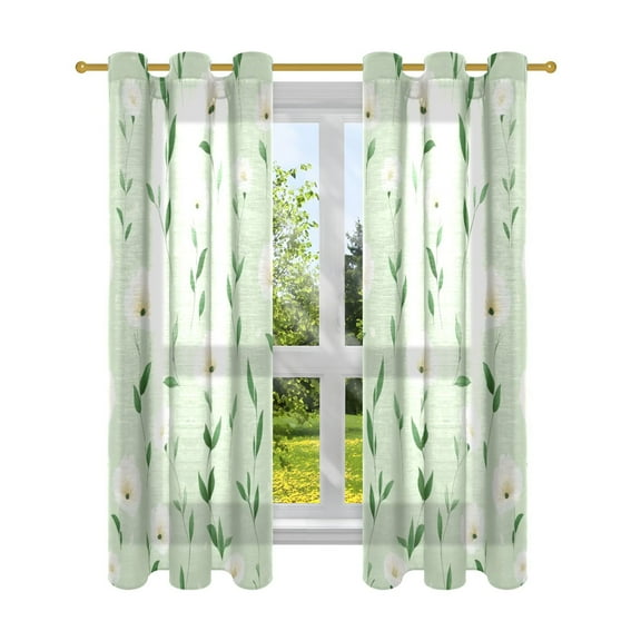 Light Green White Florals Semi Sheer Curtains for Living Room Bedroom Set of 2 Insulated Window Drapes