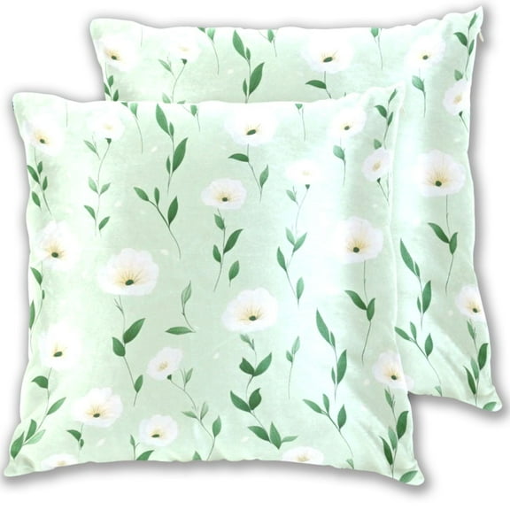 Light Green White Florals Throw Pillow Covers 16x16 Inch 2 Packs Decorative Square for Living Room Couch Bed Sofa