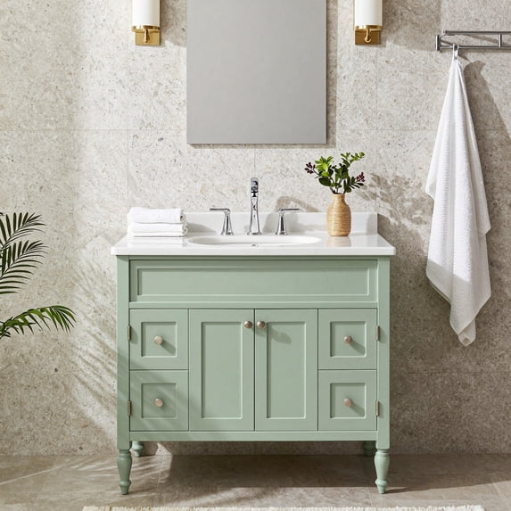 Light Green & White Freestanding Bathroom Vanity with Sink - 30" Round Ceramic Basin