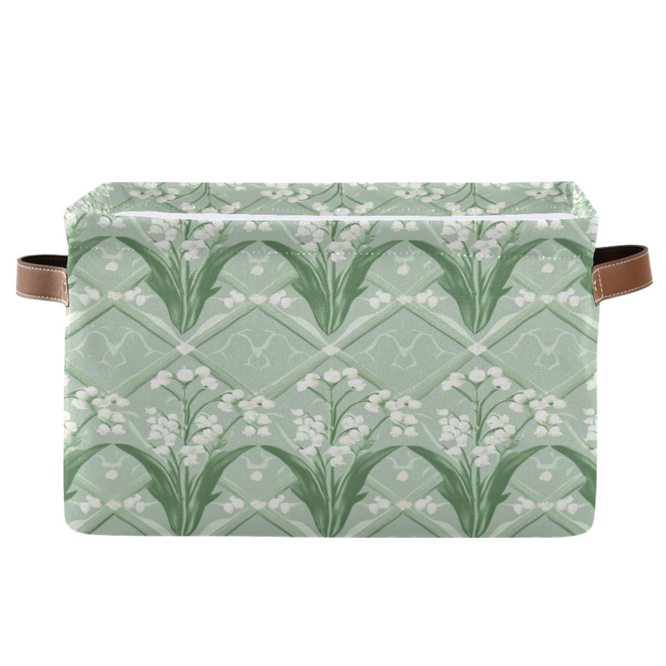 Light Green and White Lily Foldable Storage Basket,Canvas Fabric Foldable Storage Bins with Handles Open Home Storage Bins Boxes for Toy Book Shelf Closet Baskets