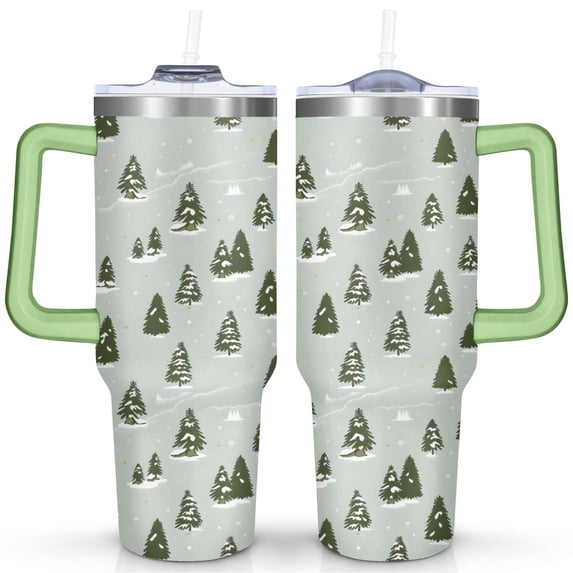 Light Green Winter Pine Trees 40 Oz Tumbler with Handle Lid and Straw Stainless Steel Double Walled Vacuum Insulated Cup Merry Christmas Gifts Tumbler for Women Men Friends Outdoor Indoor