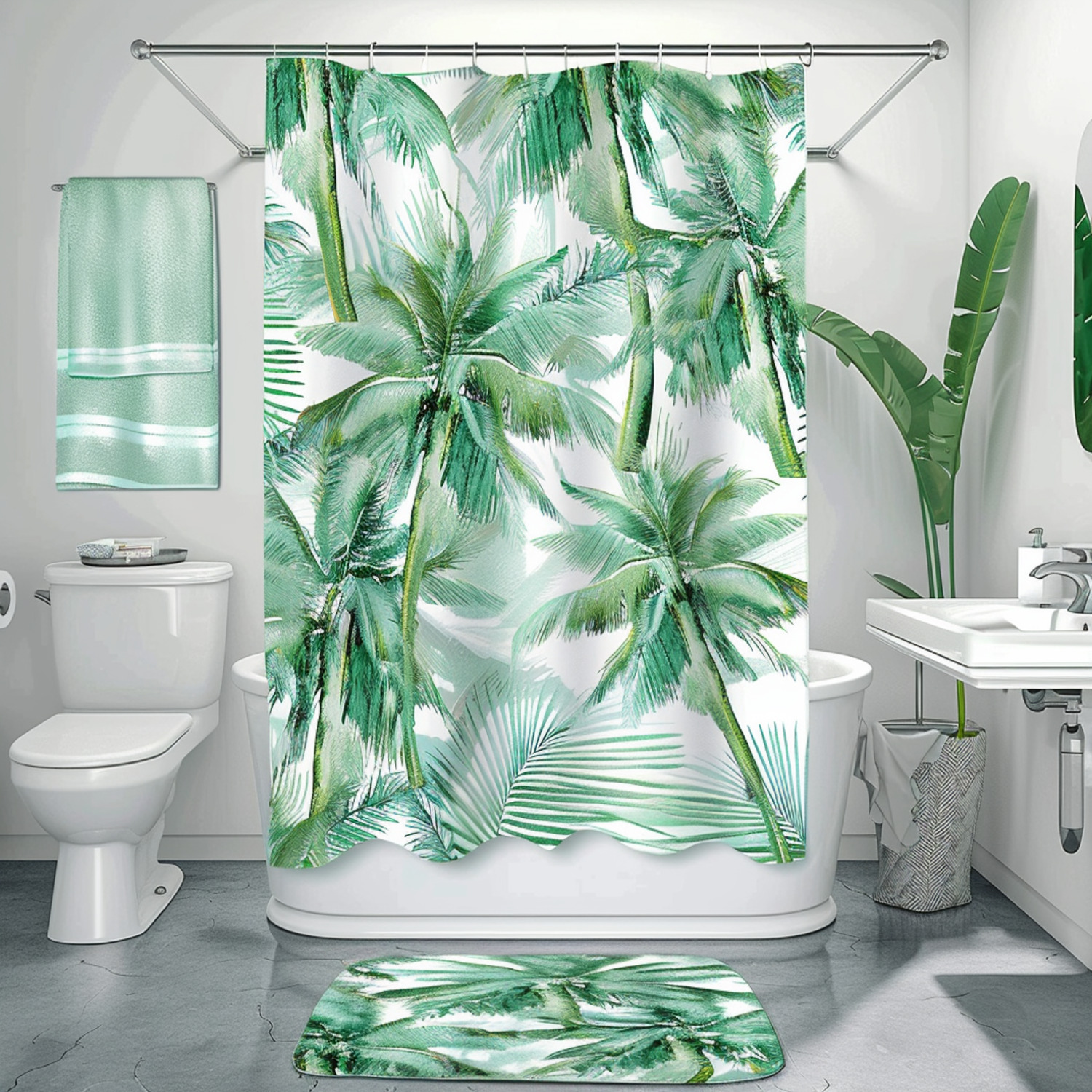 Light Green and Turquoise Palm Tree Bathroom Set with Watercolor Curtains and Accessories Hyper