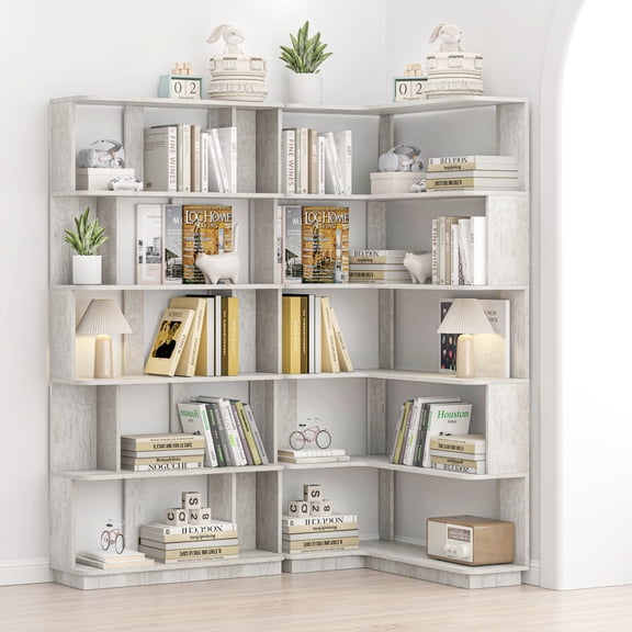 Light Grey 35.43" Left Widened Modern Corner Bookshelf, Minimalist 2 Pack Freely Combine Book Shelf, Versatile Storage Rack for Living Room Bedroom