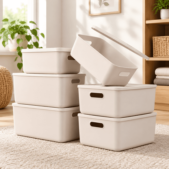Light Grey 4M+2S Plastic Storage Bins with Lids for Home Organization