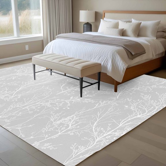 Light Grey 6x9 Rug for Dining Room Table and Chair Setup, White Tree Branch Botanical Abstract Plant Leaves Low Pile Washable Non Slip Rectangle Area Rug