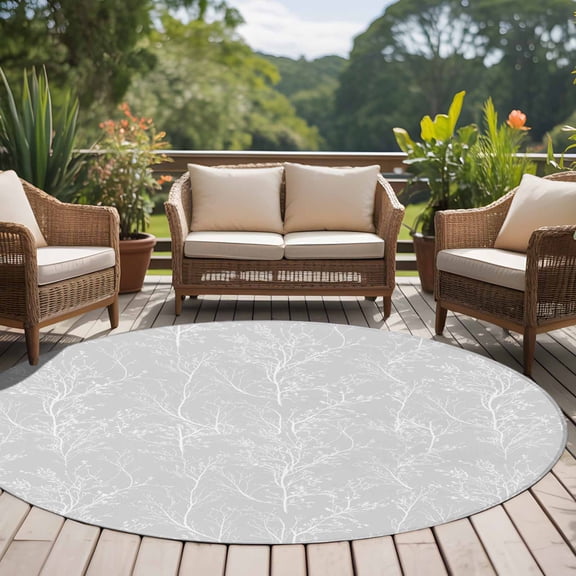 Light Grey 8ft Round Rug for Open Concept Living Room Seating Zone, White Tree Branch Botanical Abstract Plant Leaves Washable Non Slip Large Circle Area Rug