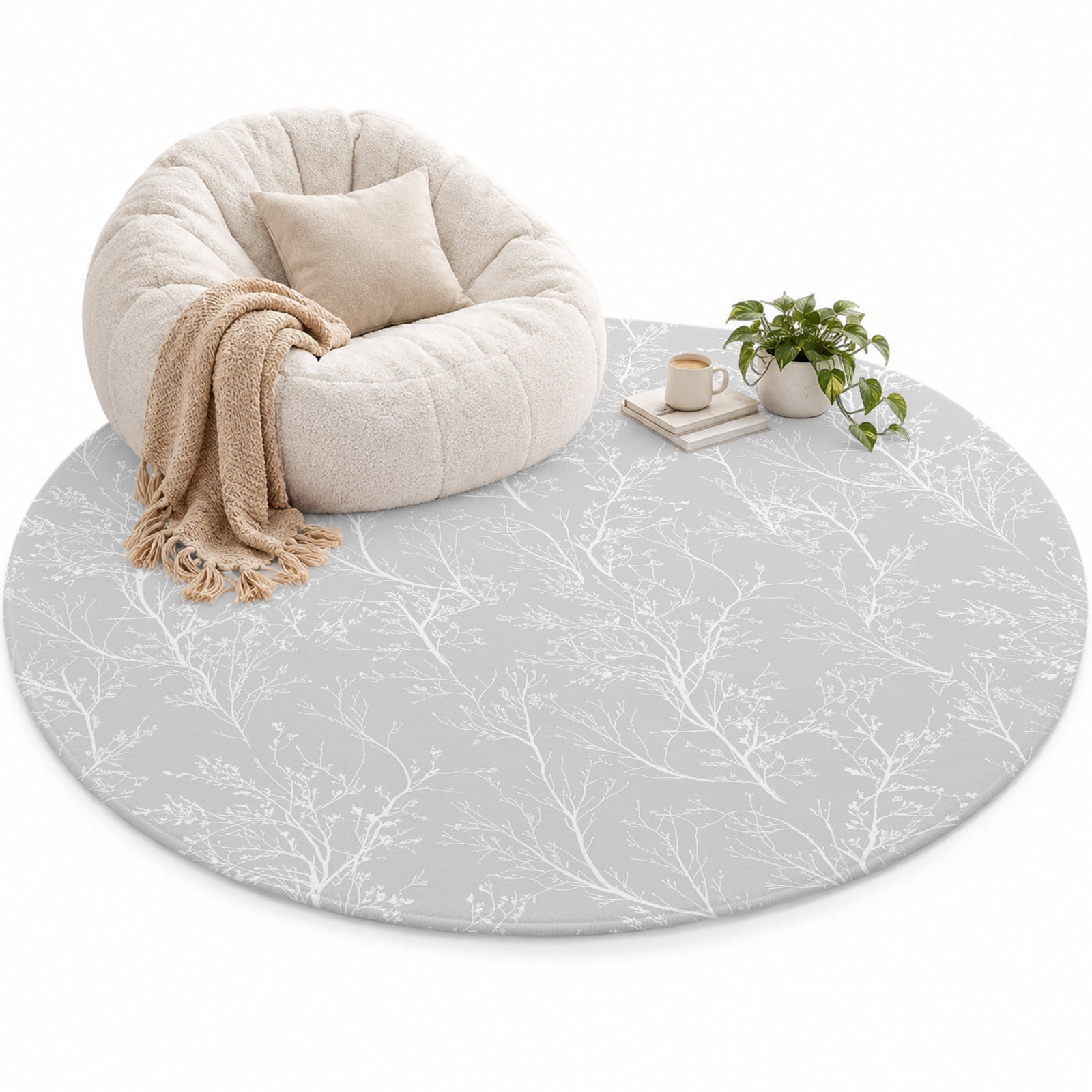 Light Grey Area Rug 3', White Tree Branch Botanical Abstract Plant ...