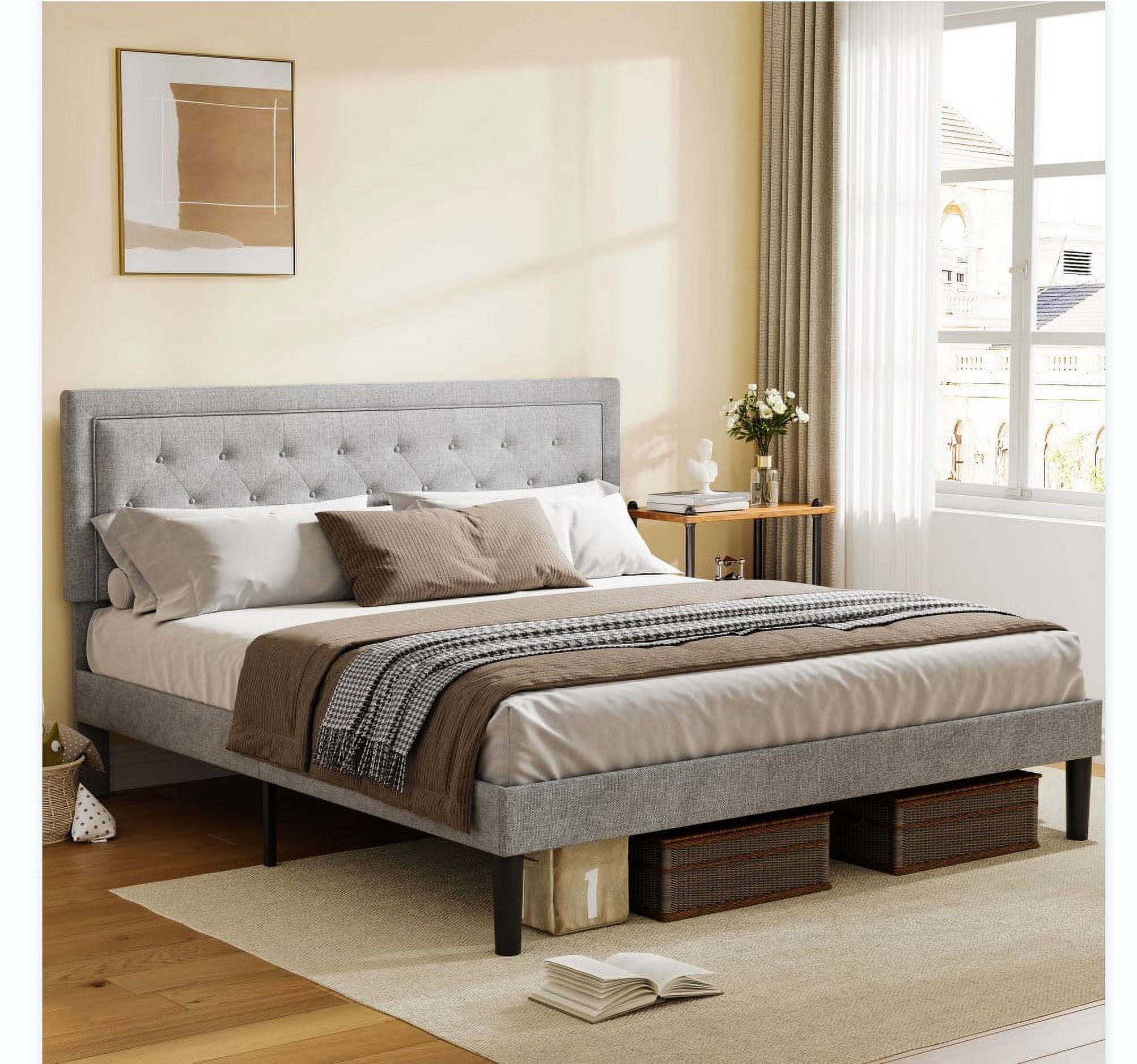 Light Grey Bed Frame with Adjustable Border Headboard Queen Size ...