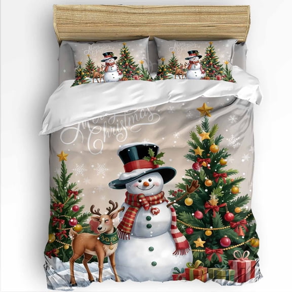 Light Grey Beige Ombre Christmas Full Size Comforter Set, Xmas Snowman Tree Elk Soft Bedding for All Seasons, 4 Pcs Bed Set with 1Comforter (86"x86") ,1 Sheet(80"x116"), 2 Pillowcases (19"x29")
