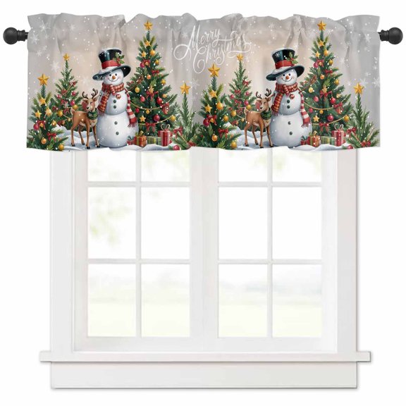 Light Grey Beige Ombre Christmas Valances for Windows, Xmas Snowman Tree Elk Light Filtering Window Treatment Valances, Rod Pocket Small Curtains for Kitchen/Bathroom, 60"x18"