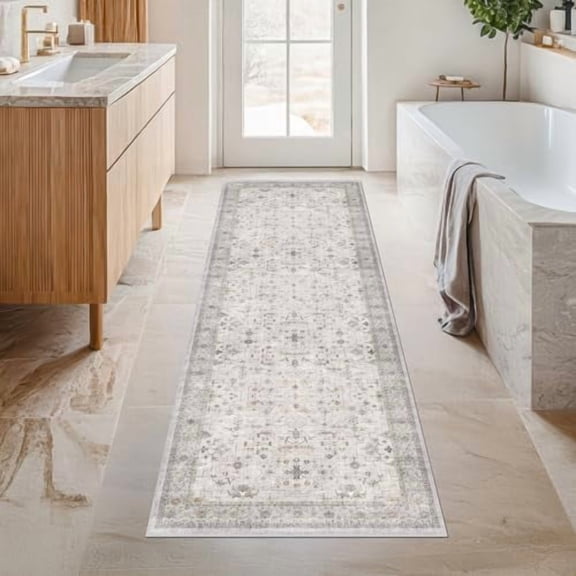 Light Grey Boho 2x7 Bathroom Runner Rug - Washable Low Pile & Non-Slip for Hallway, Kitchen, Entryway & Bedside (Neutral Taupe Floral)