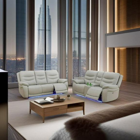 Light Grey Breathing Leather 2-Piece Living Room Recliner Sofa Set