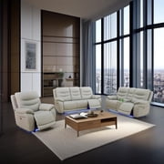 Light Grey Breathing Leather 3-Piece Living Room Recliner Sofa Set