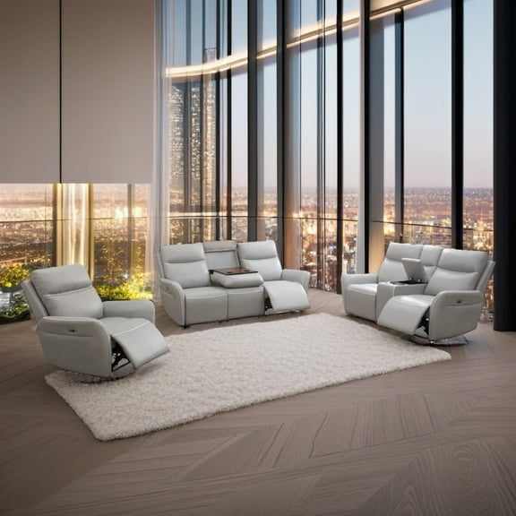 Light Grey Breathing Leather 3-Piece Living Room Recliner Sofa Set