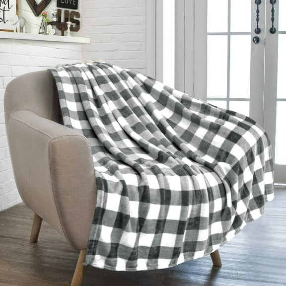 Light Grey Buffalo Plaid Throw Blanket for Couch, Soft Checkered Flannel Fleece Blanket for Sofa, Grey White Plaid Decorative Couch Throw, Warm Cozy All Season Fall Blanket Decor Gift, 50x60