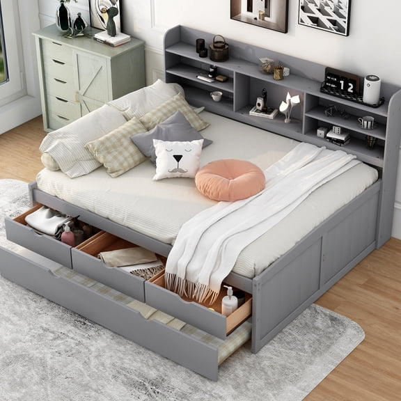Light Grey Captain Bed with Bookcase Headboard and Storage / Provides Functional Storage Solutions