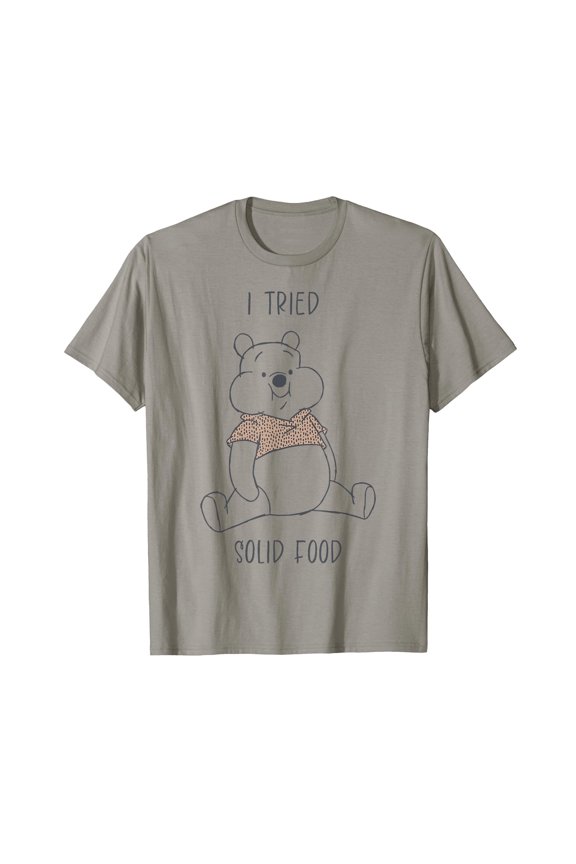 Light Grey Cartoon Bear T-Shirt with 'I Tried Solid Food' Text for Fun Everyday Wear