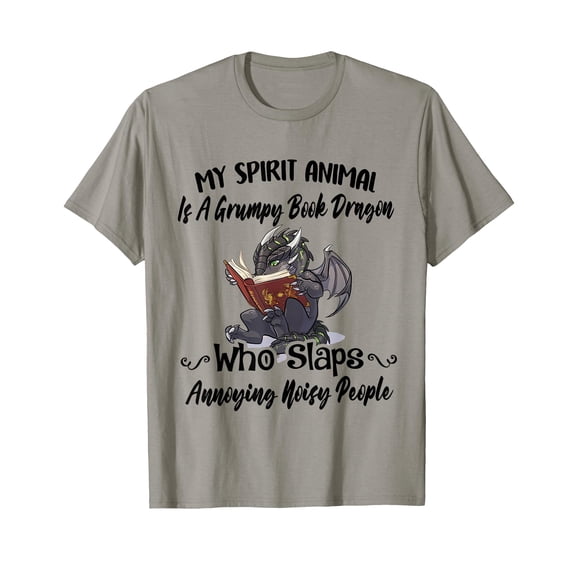 Light Grey Cartoon Dragon Reading Book T-Shirt for Book Lovers and Fantasy Fans