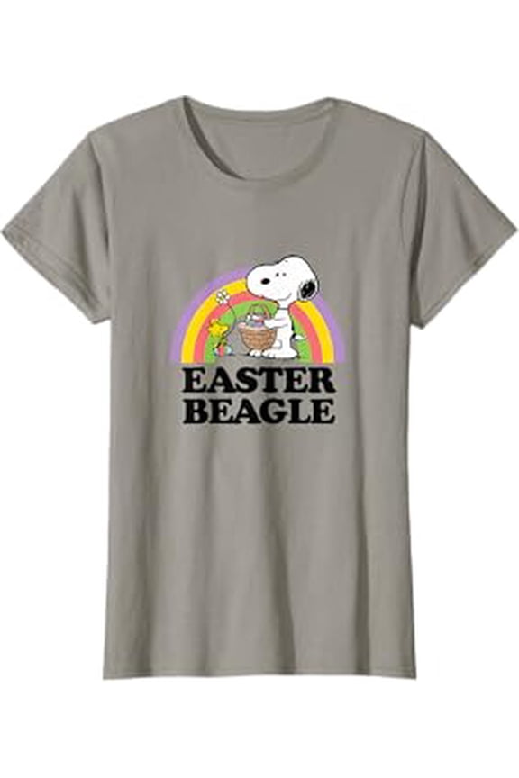 Light Grey Cartoon Easter Beagle Rainbow T-Shirt for Fun Spring Celebrations