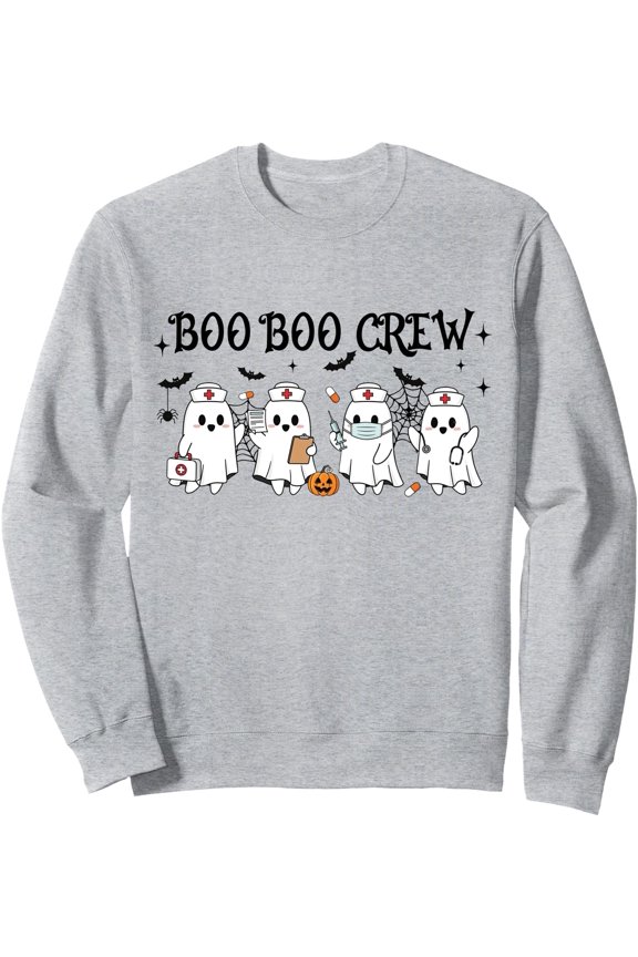 Light Grey Cartoon Ghost Nursing Sweatshirt for a Spooky Halloween Season
