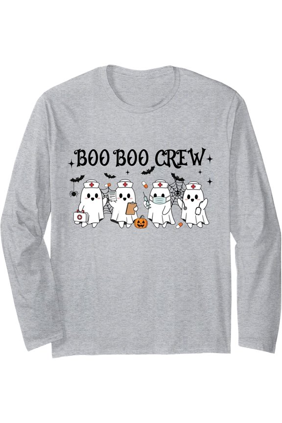 Light Grey Cartoon Ghosts Halloween Long Sleeve T-Shirt for Spooky Season Fun