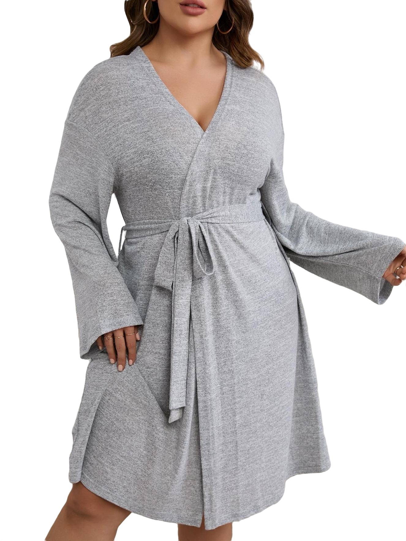 Light Grey Casual Plain V neck Robes Long Sleeve Plus Size Robes & Robe Sets (Women's Plus