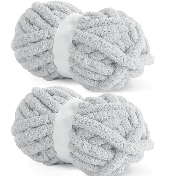 Light Grey Chunky Chenille Yarn for Crocheting, Bulky Thick Fluffy Yarn for Knitting,Super Bulky Chunky Yarn for Hand Knitting Blanket, Soft Plush Yarn, 2 Jumbo Pack (27 yds,8 oz Each Skein)