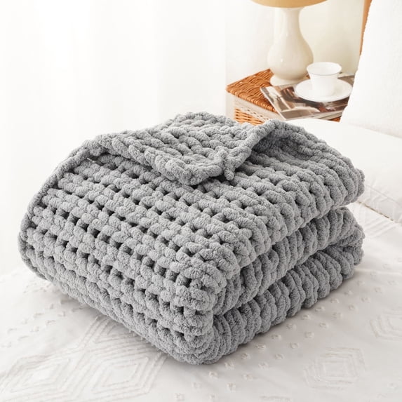 Battilo Light Grey Chunky Knit Throw Blanket,Handmade Cable Knit Crochet Blanket for Couch,50"x60"