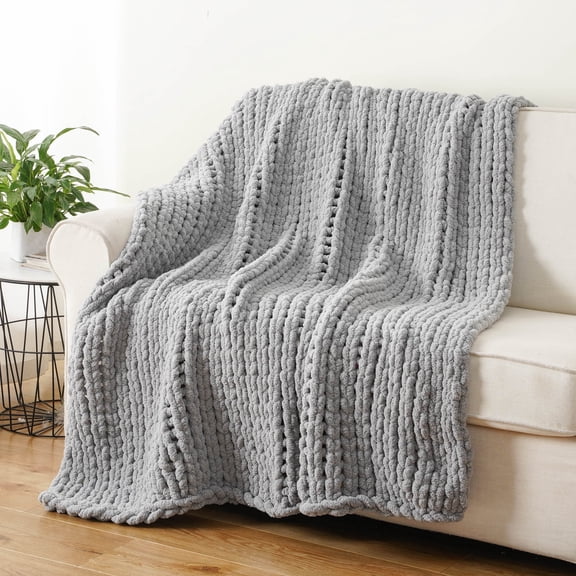 Light Grey Chunky Knit Throw Blanket,Handmade Cable Knit Crochet Blanket For Couch,50"X60"