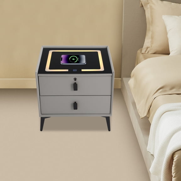 Light Grey Color Bedside Table with 2 Drawers, Bluetooth Speaker Smart Bedside Table, Bedside Table with Light USB and Wireless Charging
