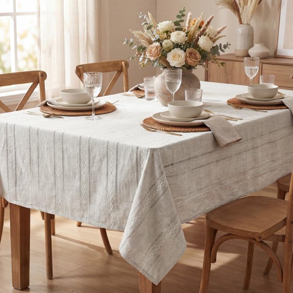 Light Grey Cotton Blend Tablecloth 6084 Inch Rectangular, Farmhouse Style, Wrinkle Resistant Washable Table Cloth, Hemstitched Embroidery Table Cover for Home