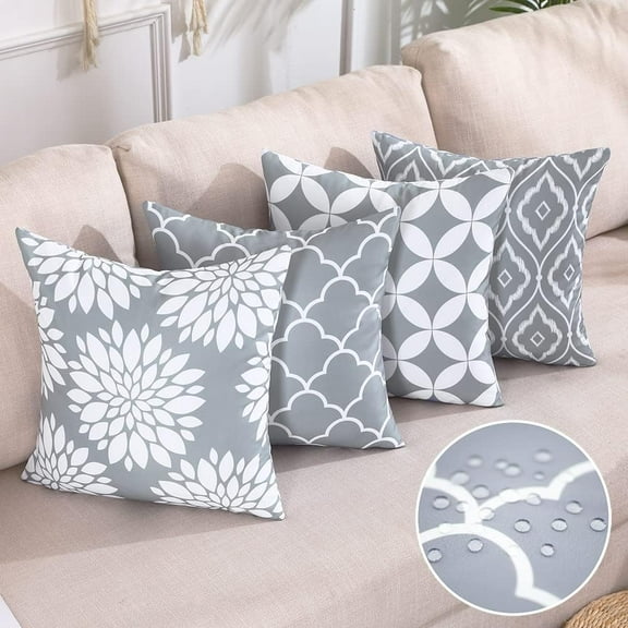 Light Grey Couch Pillows Decorative Neutral Throw Pillows 18x18 Set of 4 Grey and White Outdoor Waterproof Pillow Covers Gray Sofa Pillows for Living Room (No Inserts)