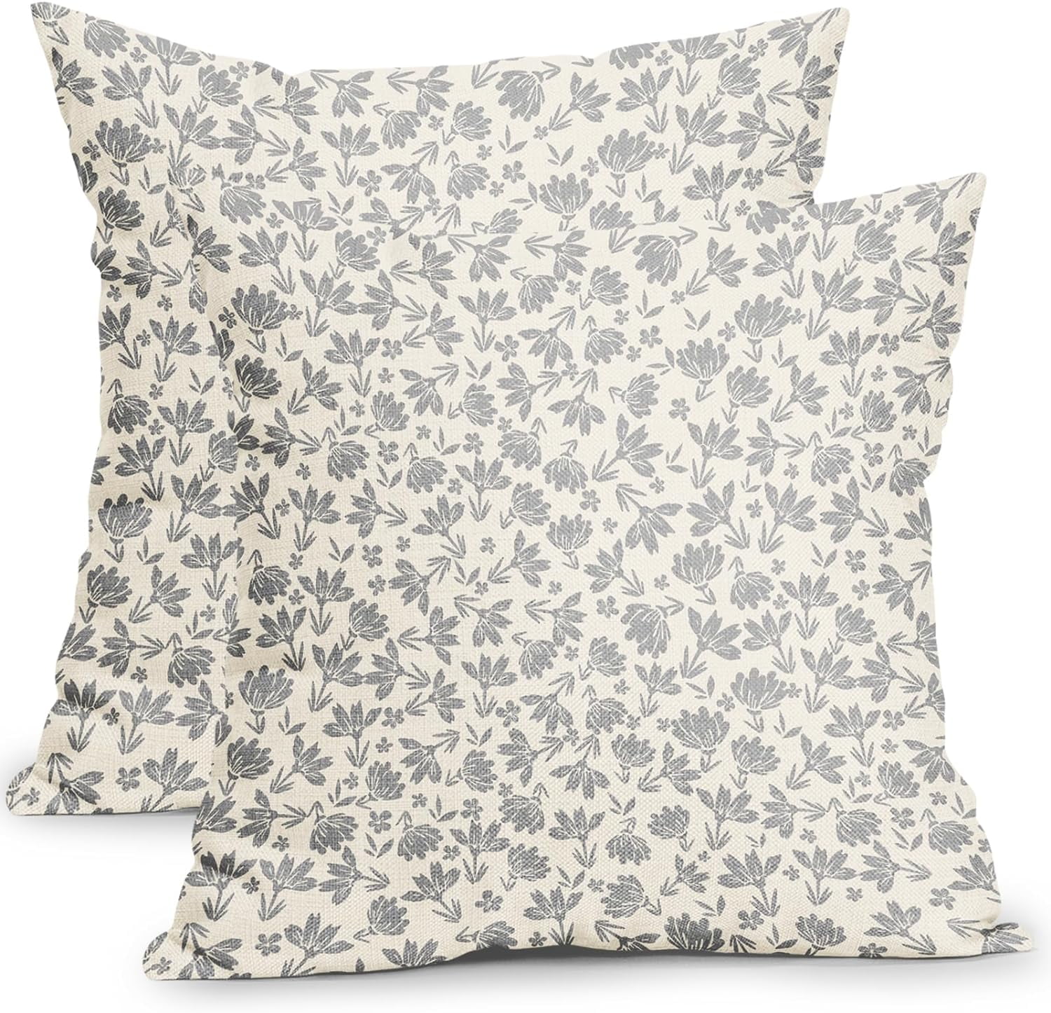 Light Grey and Cream Floral Outdoor Pillow Covers 18x18 Inch Set of 2 Vintage Flower Throw Pillow Covers Rustic Farmhouse Cute Small Floral Print Pillowcases Cotton Linen Cushion Covers for Couch