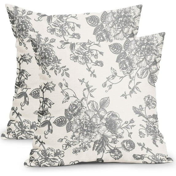 Light Grey and Cream Floral Pillow Covers 16x16 Inch Set of 2 Vintage Floral Throw Pillow Covers Chinoiserie Flower Pillowcases Rustic Farmhouse Cotton Linen Cushion Covers for Couch Bed Sofa Decor