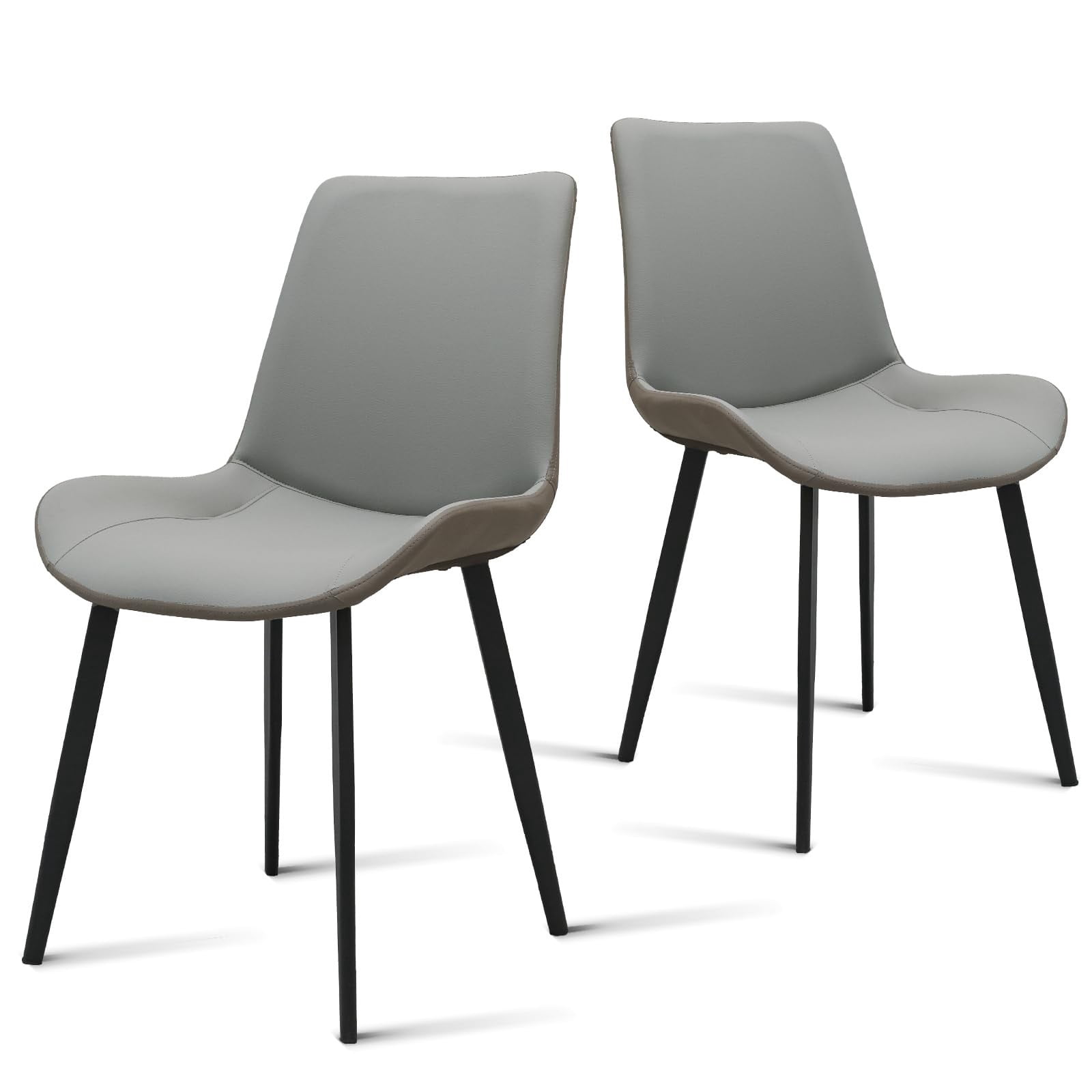 Light Grey & Dark Grey PU Leather Dining Chairs Set of 2, Modern Upholstered Kitchen Chairs with Metal Legs, Armless Side Chairs for Dining Room, Restaurant, Living Room & Meeting Room