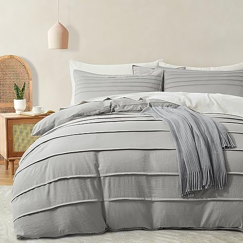 Light Grey Duvet Cover King Size - Pleated King Duvet Cover, 3PCS Soft and Breathable Textured Bedding Set with Zipper Closure(Light Grey,104"x90")