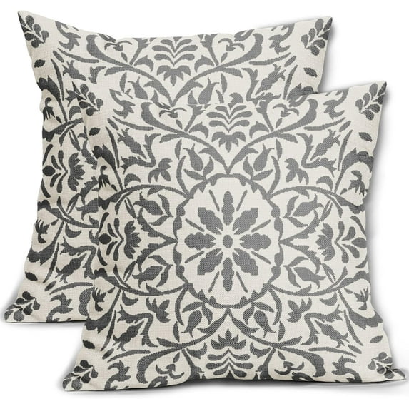 Light Grey Ethnic Boho Pillow Covers 16 X 16 Inch Bohemian Carpet Style Vintage Gray Flower Print Decorative Throw Pillows Outdoor Linen Square Cushion Case Farmhouse Decor for Home Sofa Bed Set of 2