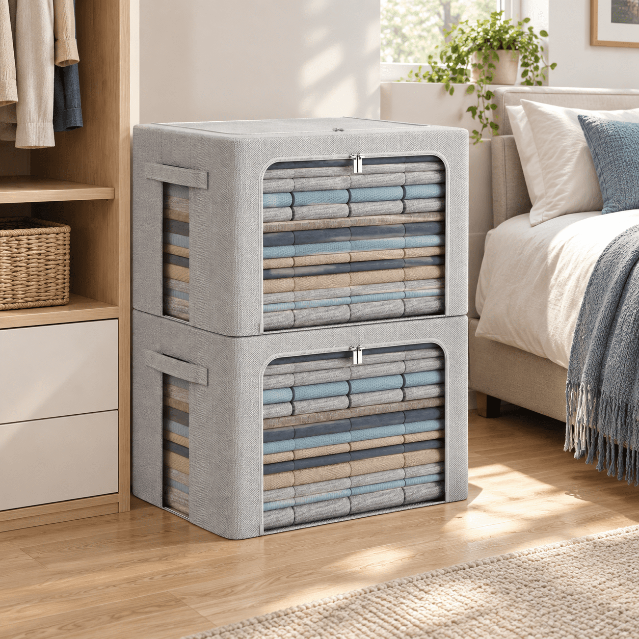 Light Grey Extra Large-100L 2-Pack Linen Fabric Foldable Stackable ...