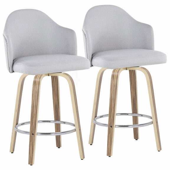 Light Grey Fabric Counter Stools, Set of 2 with Swivel Seat and Chrome Foot Rest, Mid Century Modern Style