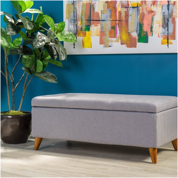 Light Grey Fabric Storage Ottoman Bench with Hinged Lid, Tufted Upholstered Seat and Solid Wood Legs for Living Room, Bedroom