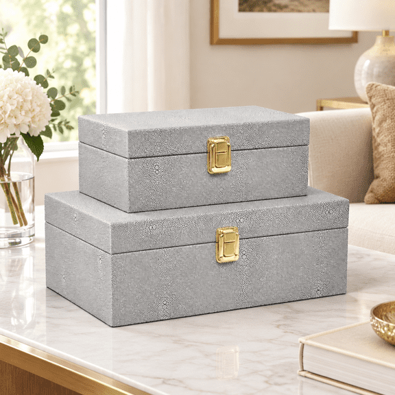 Light Grey Faux Shagreen Leather Decorative Storage Boxes Set Of 2