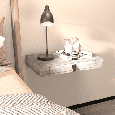 Light Grey Floating Nightstand with Hidden Drawer - 16" Wall-Mounted Bedside Table Shelf