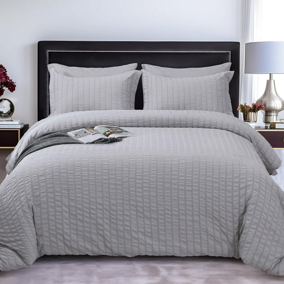 Light Grey Full Size Comforter Sets Seersucker 7 Pieces, All Season Luxury Bed in a Bag for Bedroom, Bedding Set with Comforters, Sheets, Pillowcases & Shams
