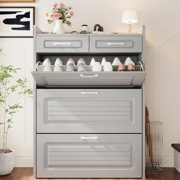Light Grey Narrow Hidden Shoe Storage Cabinet with 3 Flip Drawers and 2 Storage Drawers, Slim Entryway Organizer