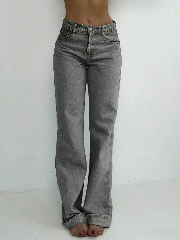 Light Grey High Waist Straight Leg Jeans Women Vintage Casual Denim Pants