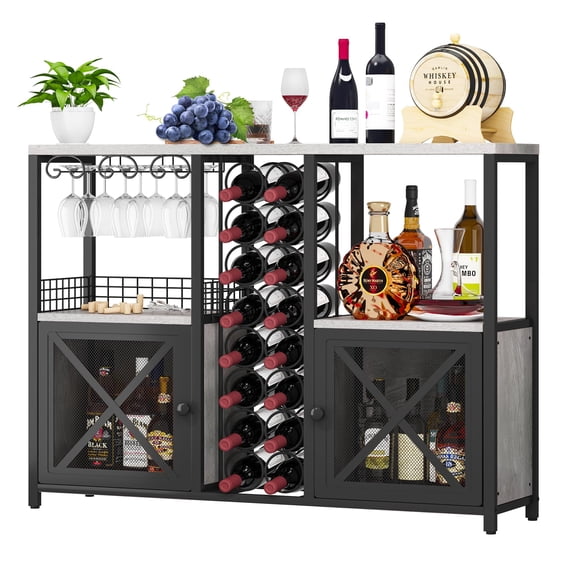 Light Grey Industrial Bar Cabinet with Wine Rack, Glass Holder & Mesh-Door